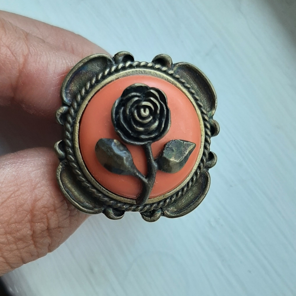 Beyond Rings Jewelry Coral Pink Stone Metal Rose Ring (Adjustable Up to Size 11)